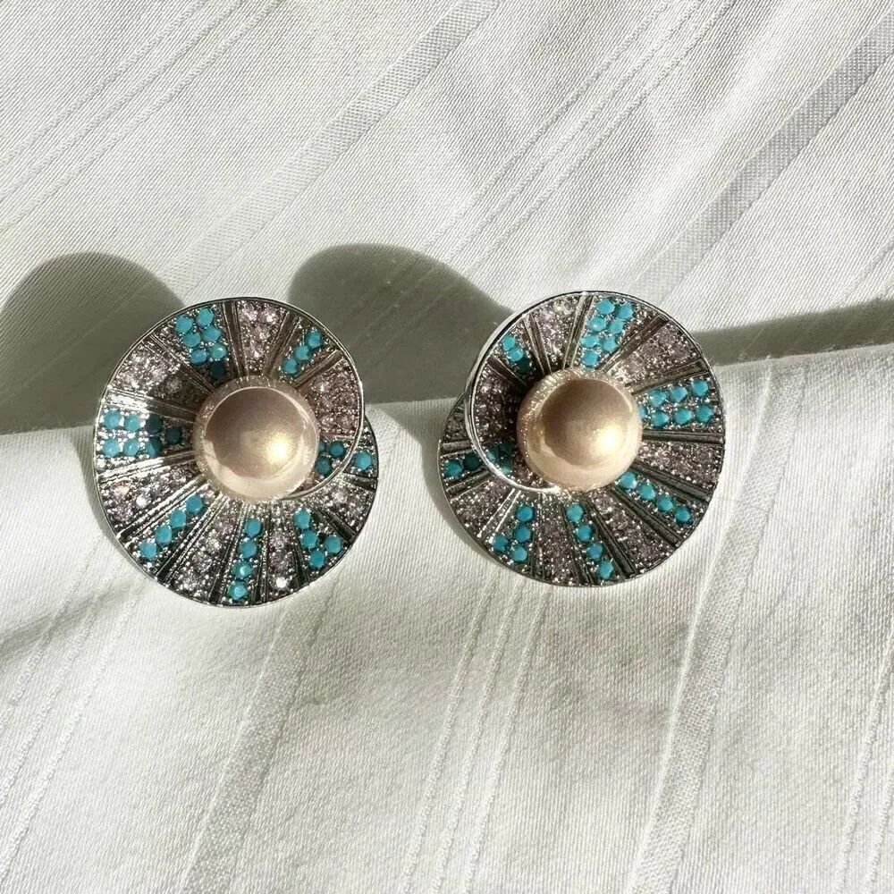Light pink and blue pearl stud earrings